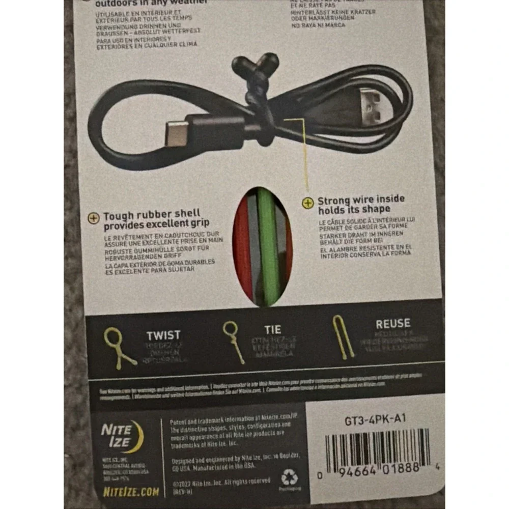 Nite Ize GearTie Reusable 3 in. Rubber Twist Tie 4 Pack Orange/Green/Red/Black